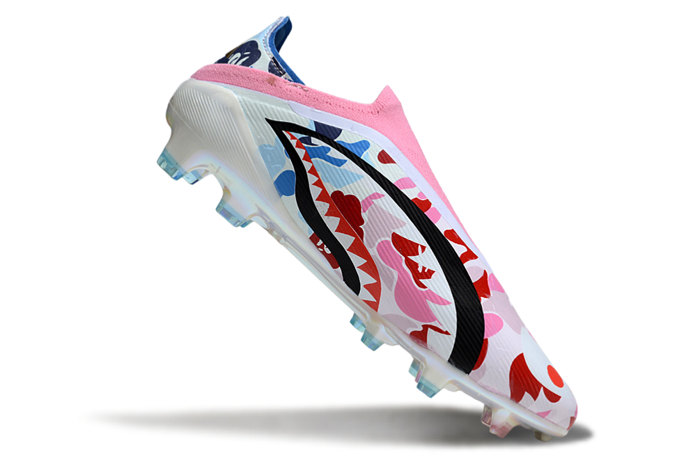 Adidas F50 Elite FG Laceless x BAPE football boots side view – limited edition camouflage green soccer cleats with BAPE print, designed for speed and control